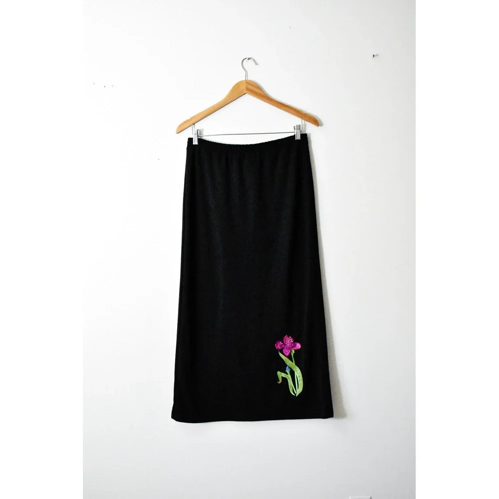 Quacker Factory Midi Skirt Womens S Black Vintage Beaded Floral Applique‎ Slit